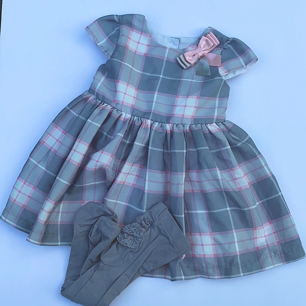 Grey & Pink Plaid Dress w/ Grey Ruffle bottom Tights- 6-9 Months